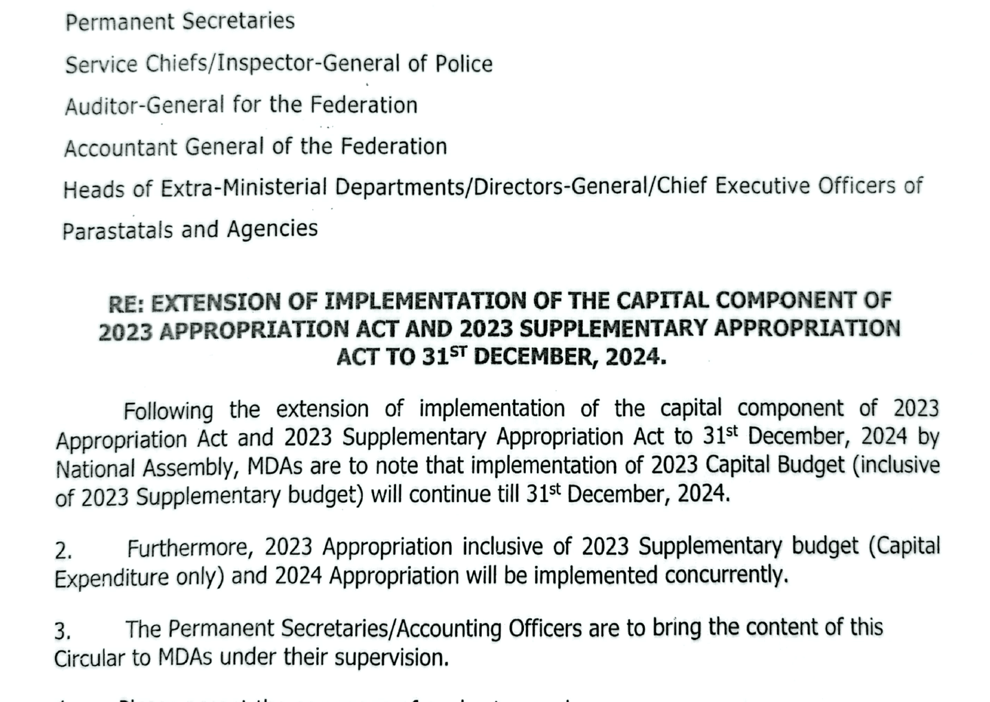 Budget Office circular stating that the 2023 capital budgets were extended and would run concurrently with the 2024 appropriation.