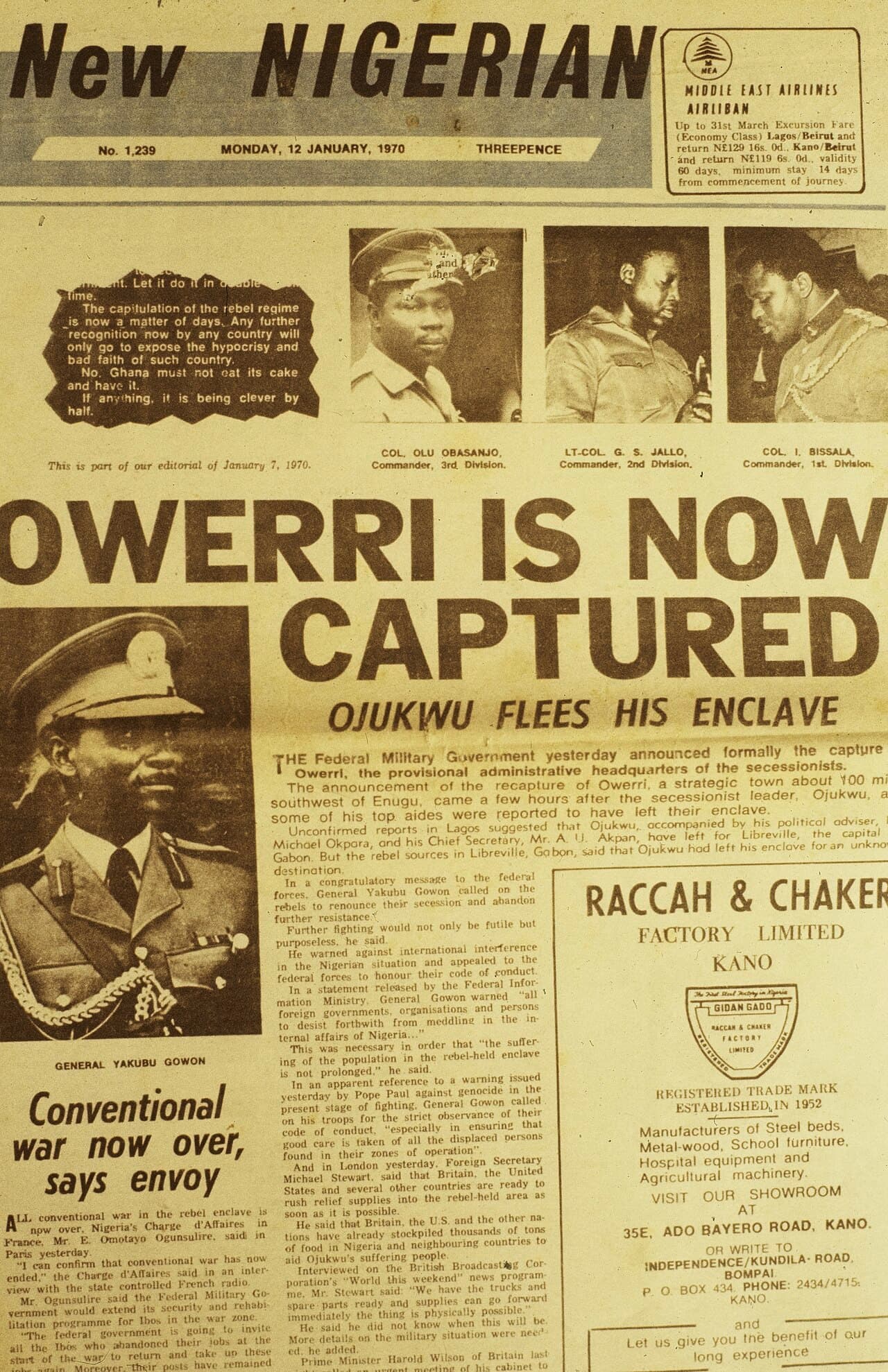 Biafra surrenders; war ends — archival photograph