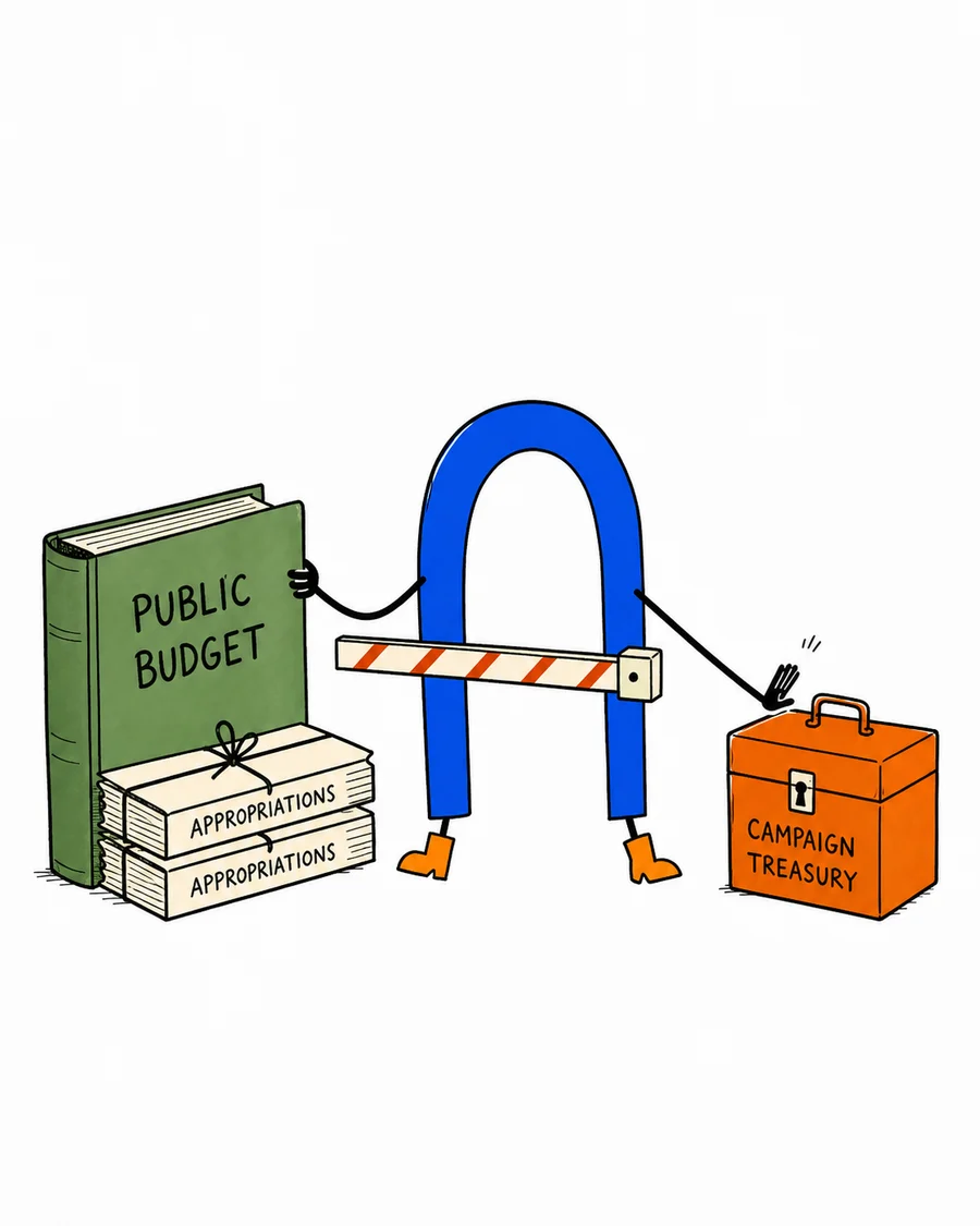 Arin lowers a barrier between a public budget volume and a locked campaign treasury box.
