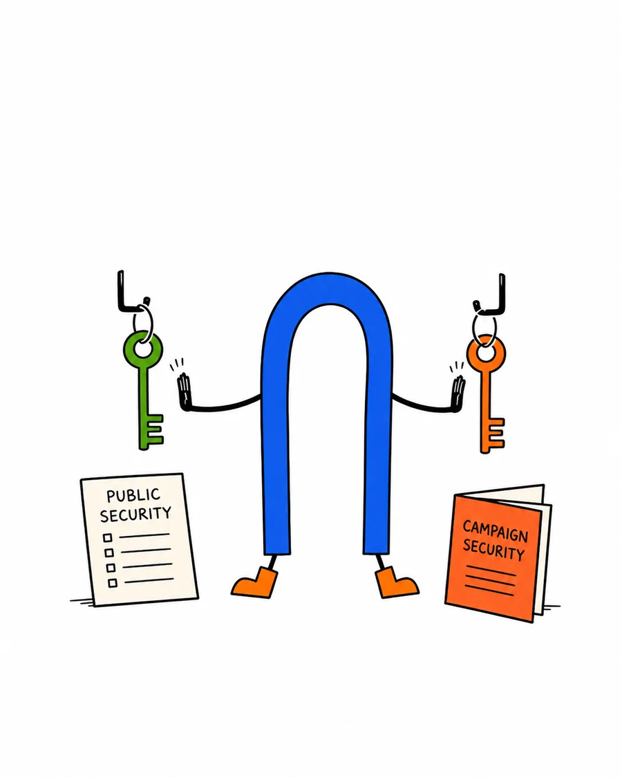 Arin stands between separate keys and duty files for public and campaign security.