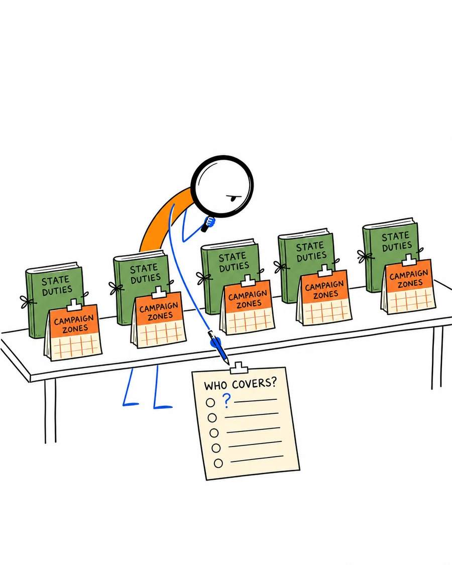 Sabi inspects five paired state-duty files and campaign-zone calendars.