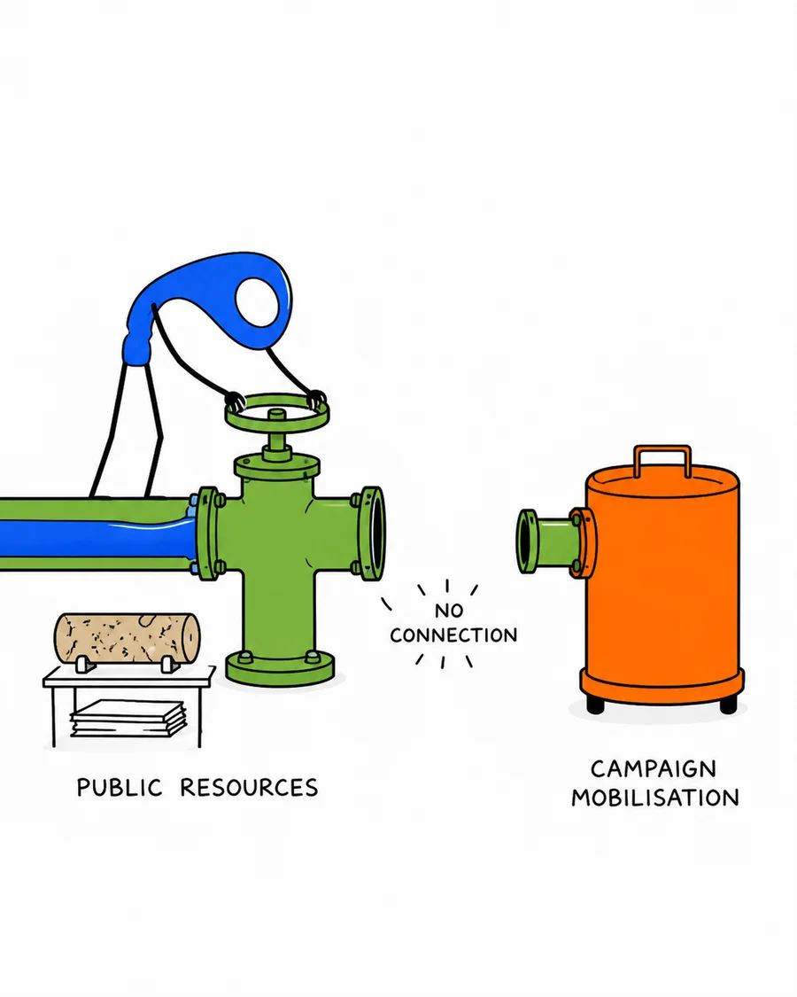 Omi closes a public-resource valve while the campaign-mobilisation container remains disconnected.